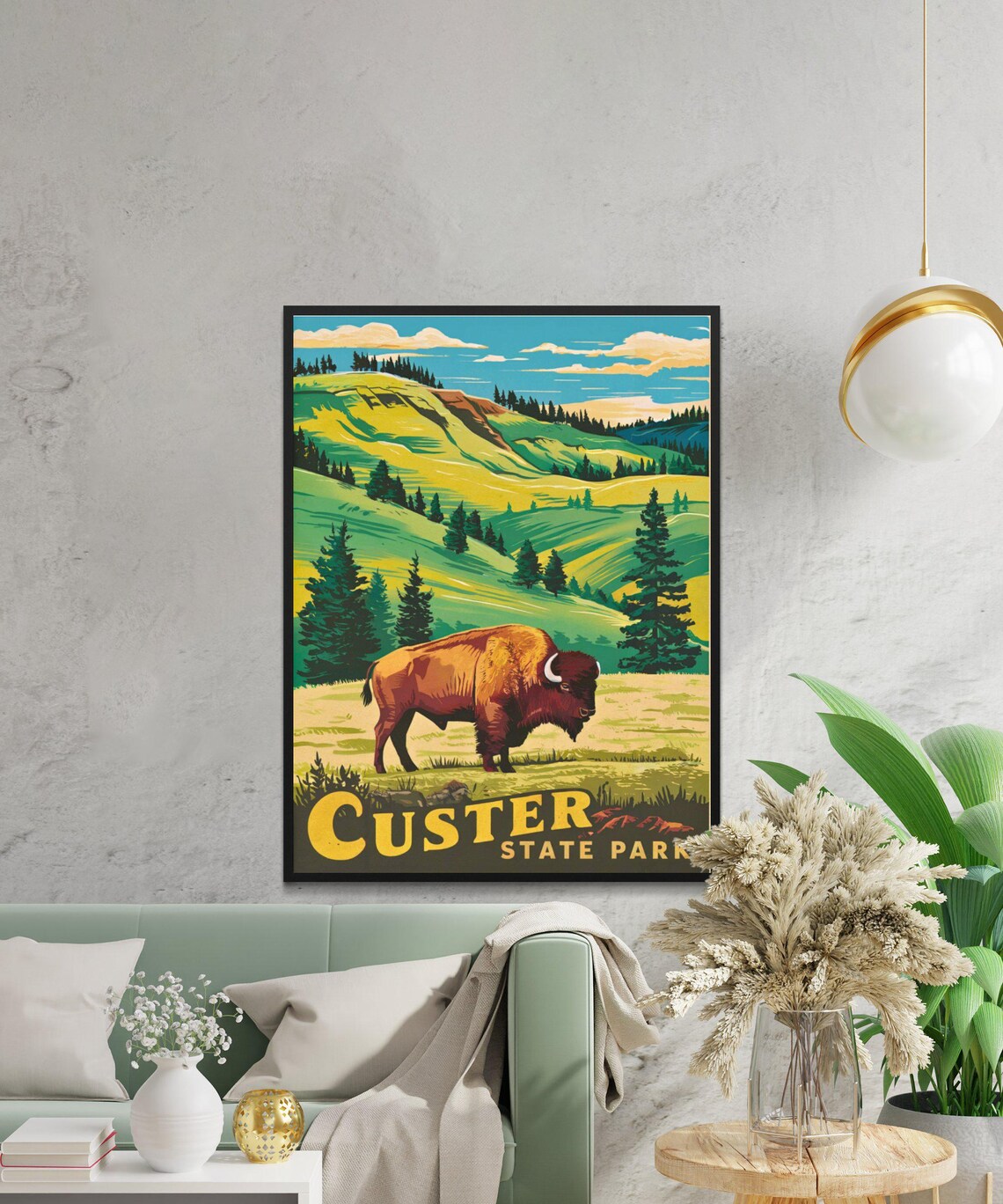 Custer State Park Vintage Wildlife Poster Bison Rolling Green Hills - Image 2