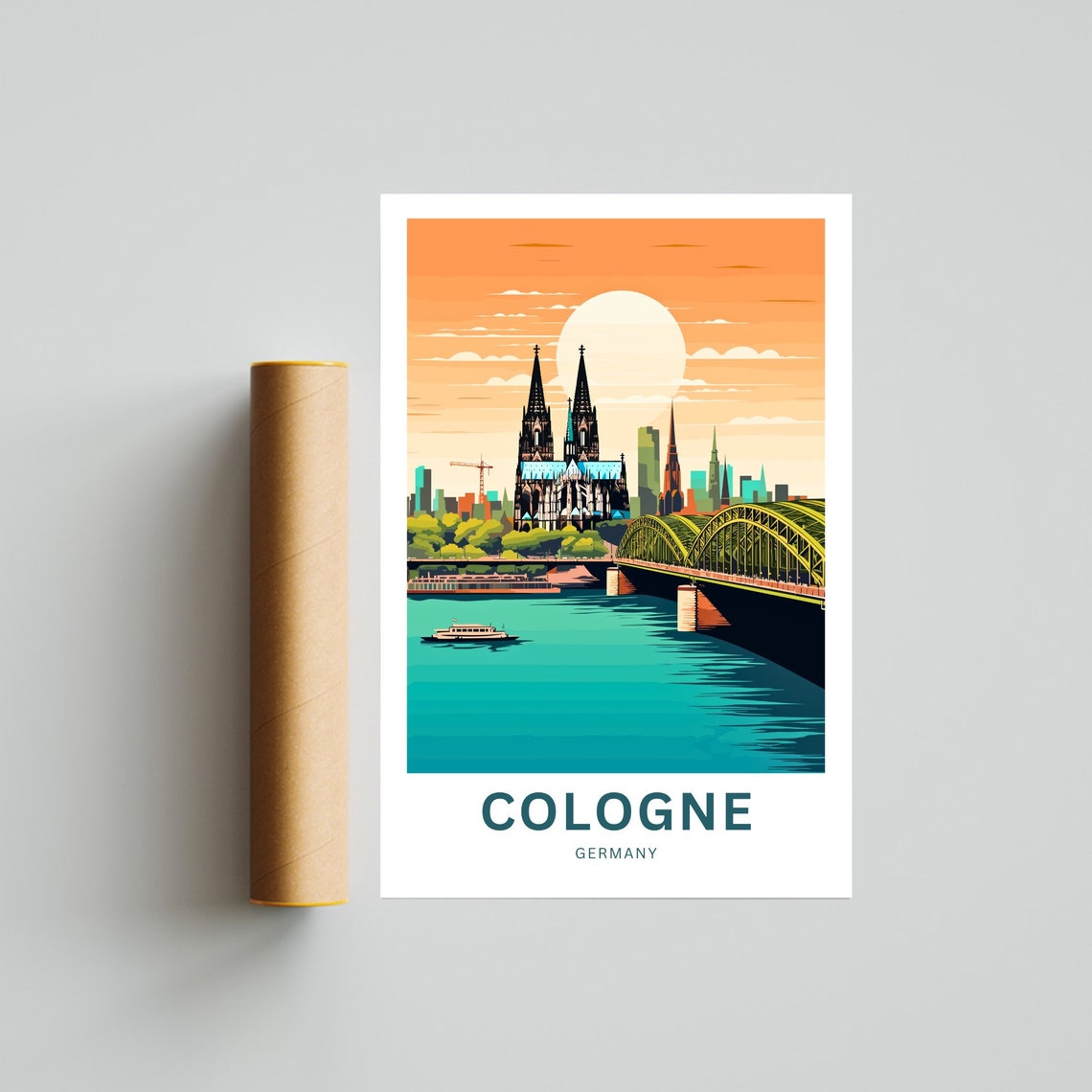 Personalized Cologne Germany Cathedral Sunset with River Boat Poster - Image 4