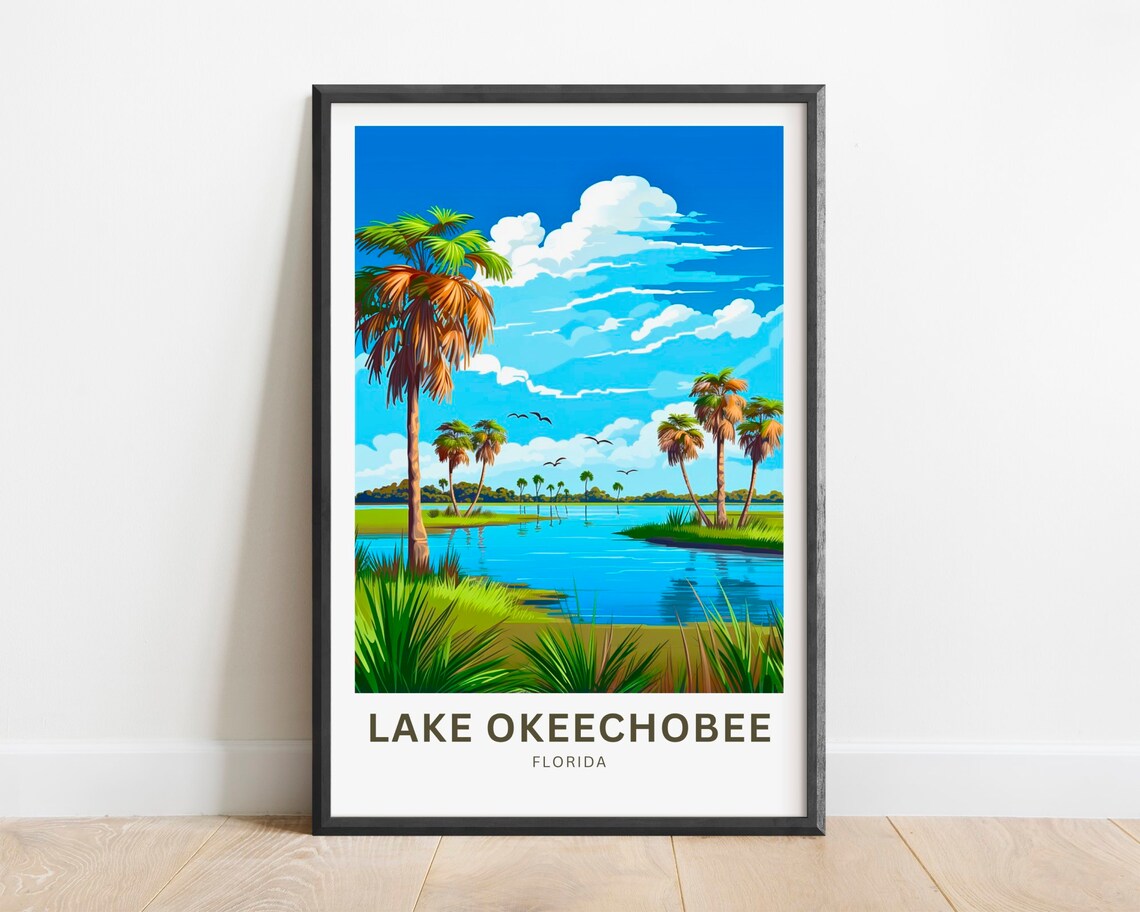 Lake Okeechobee Florida Palm Trees Lakefront Birds Travel Poster