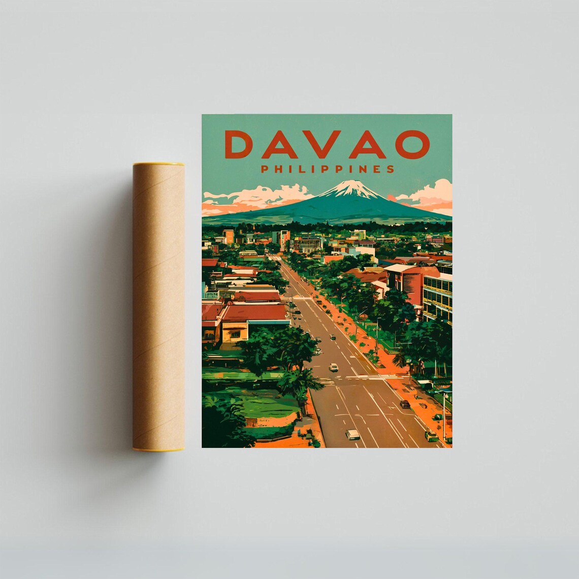 Davao Philippines Vintage Retro City Avenue Volcano View Poster - Image 4