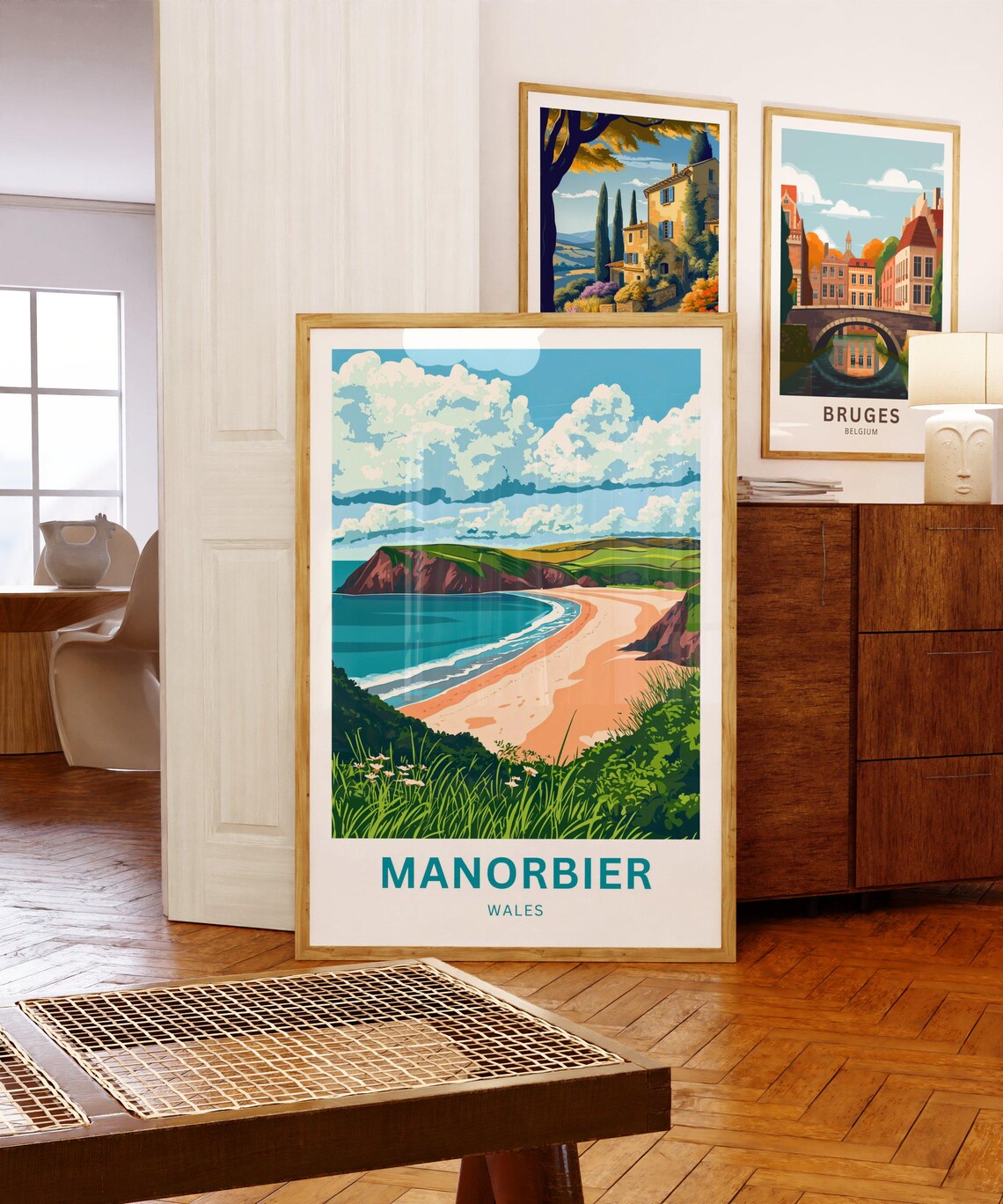 Manorbier Wales Sandy Beach Cove Cliffs Coastal Travel Poster - Image 5