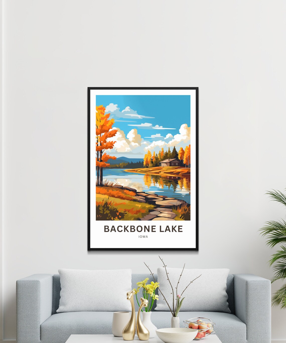 Backbone Lake Iowa Autumn Cabin Lakeside Golden Foliage Art Poster - Image 2