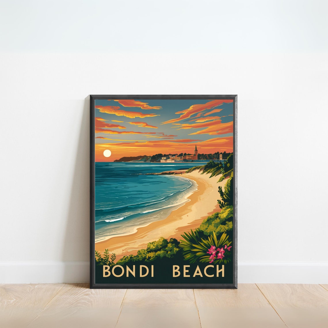 Bondi Beach Dramatic Orange Sunset Bay Rolling Waves Vintage Poster
