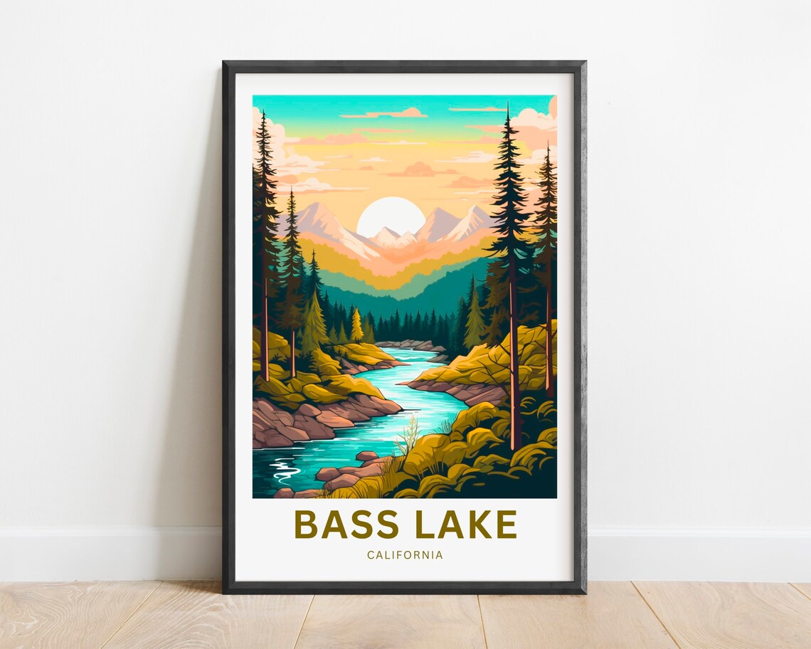 Bass Lake California Golden Mountain Sunset River Travel Poster