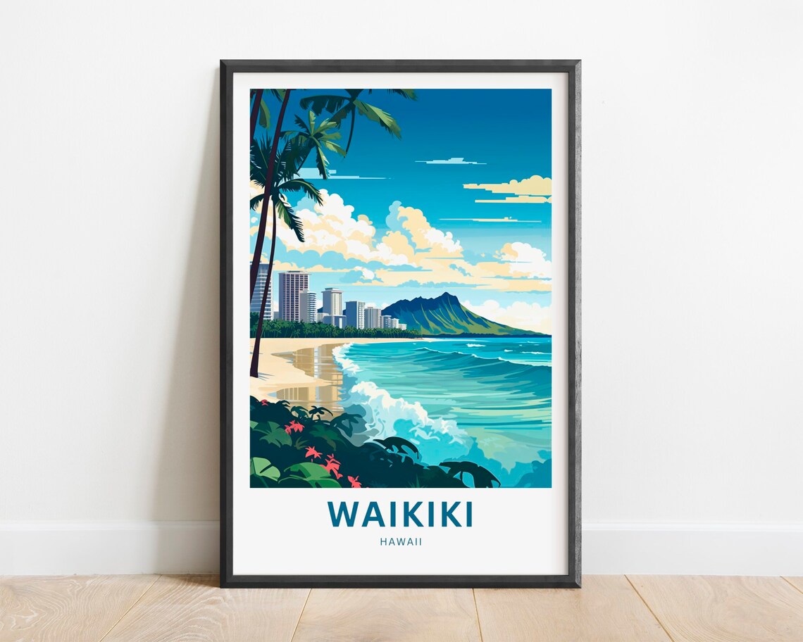 Waikiki Beach Diamond Head Golden Sunset Skyline Hawaii Poster