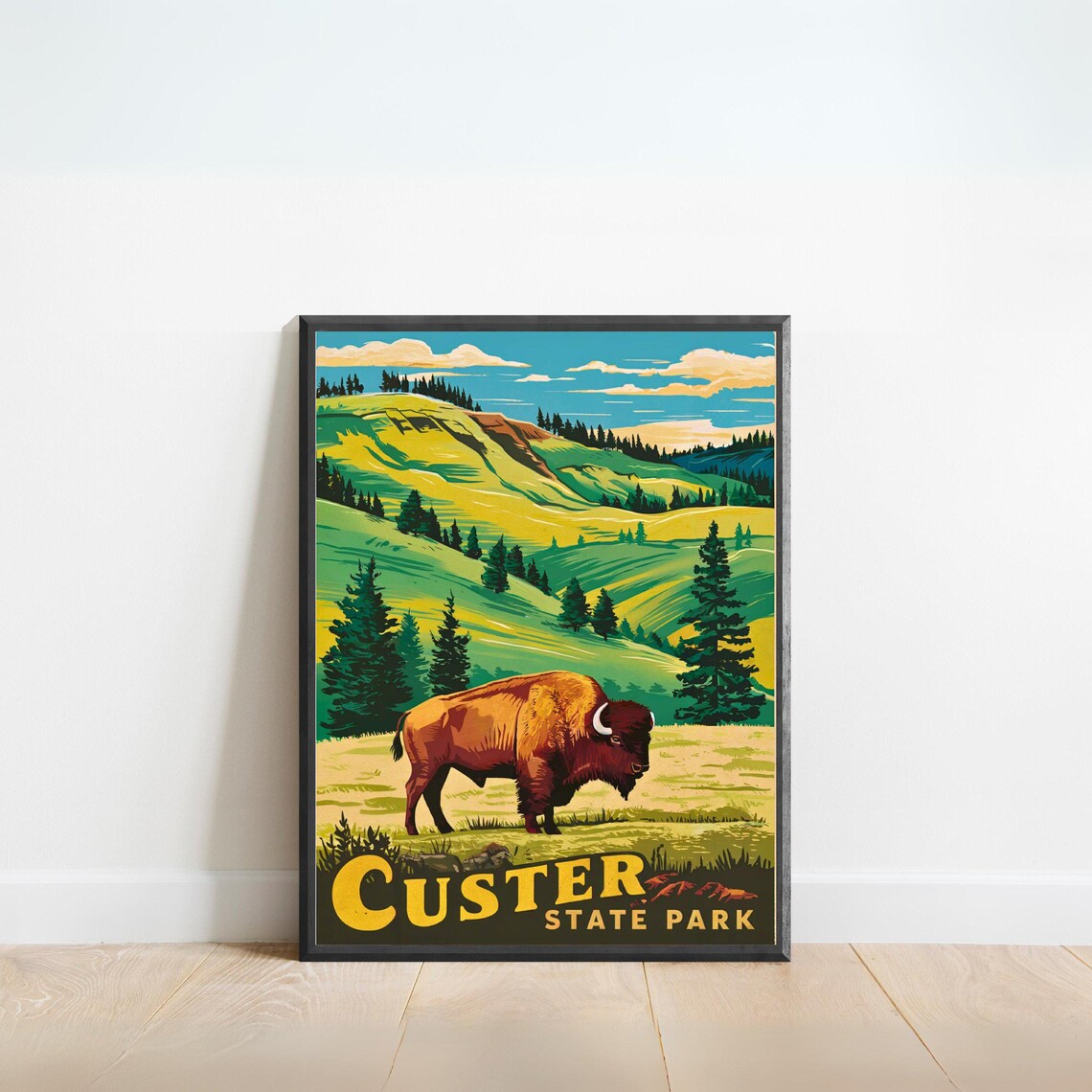 Custer State Park Vintage Wildlife Poster Bison Rolling Green Hills