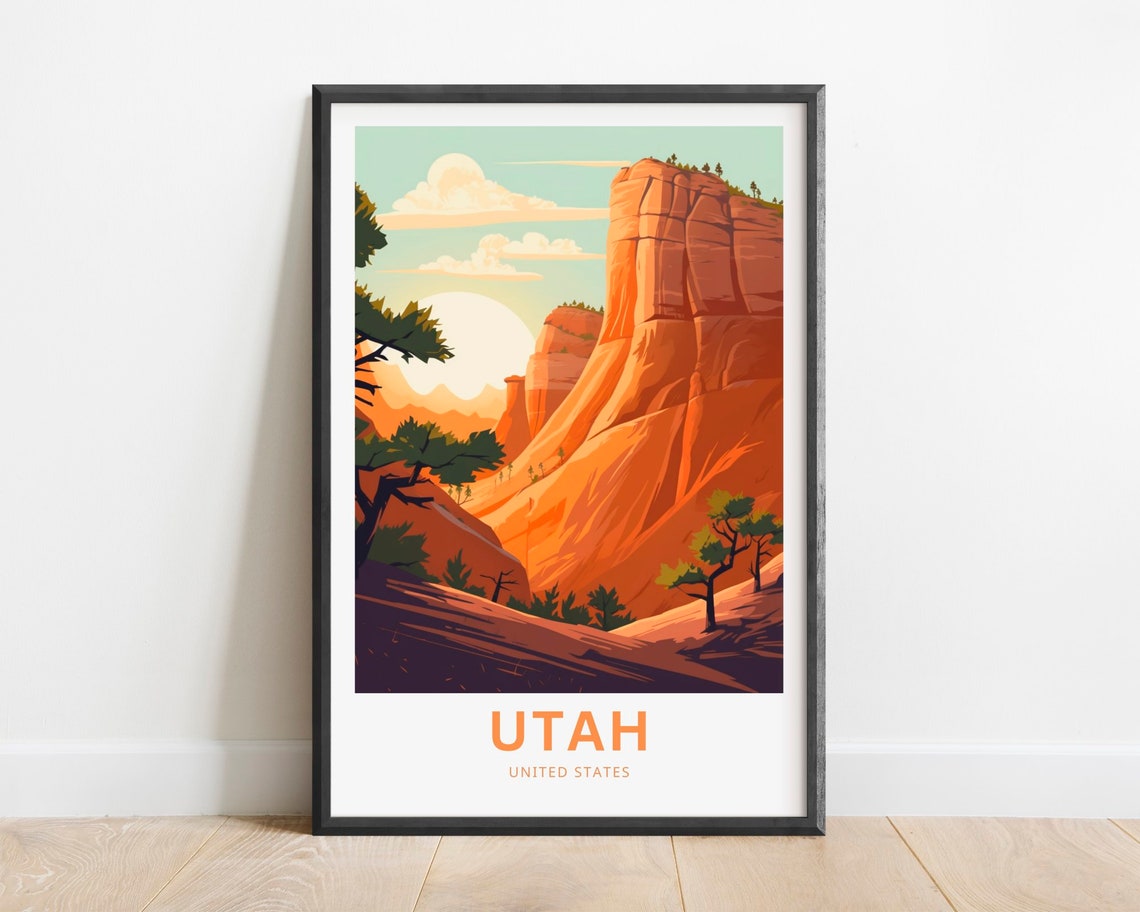 Utah United States Travel Poster Red Rock Canyon Cliffs Sunset Art