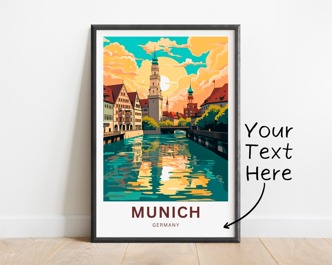 Munich Germany River Sunset Old Town Towers Illustrated Poster - Image 2