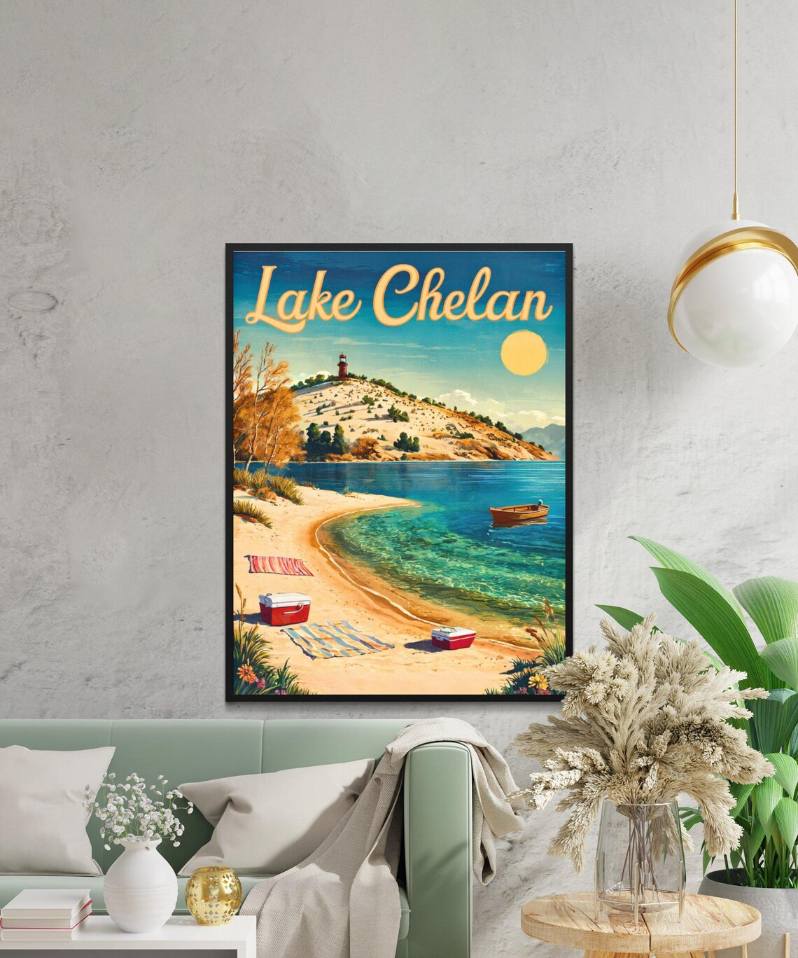 Lake Chelan Washington Vintage Beach Poster Lighthouse Hill Boat Scene - Image 3