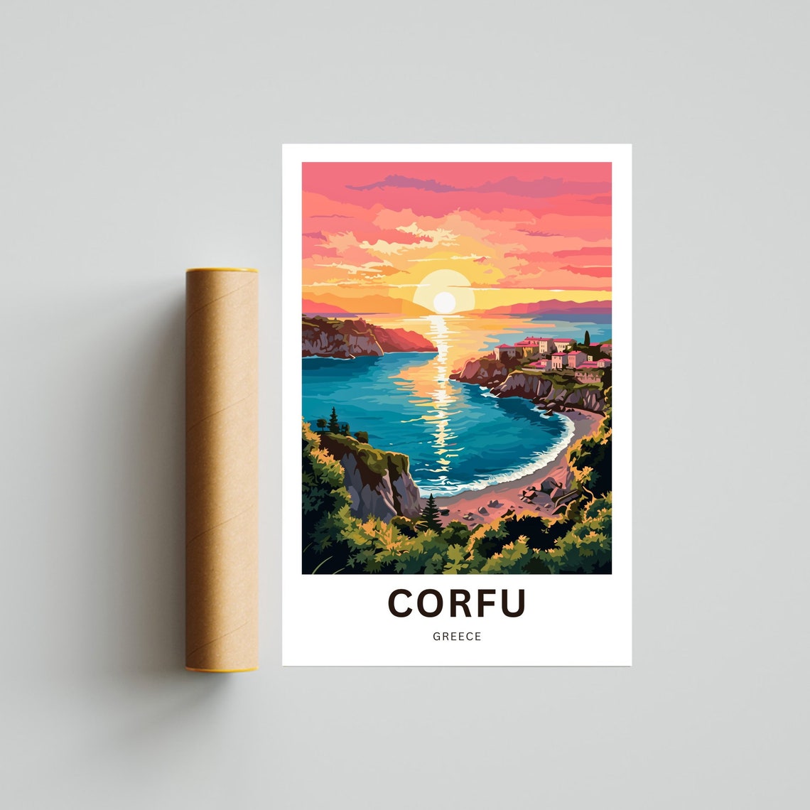 Corfu Greece Pink Sunset Coastal Harbor Personalized Island Poster - Image 4