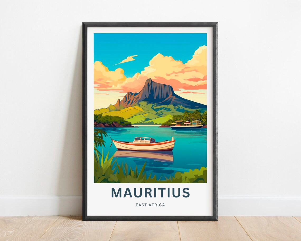 Mauritius East Africa Lagoon Boat Vintage Island Travel Poster