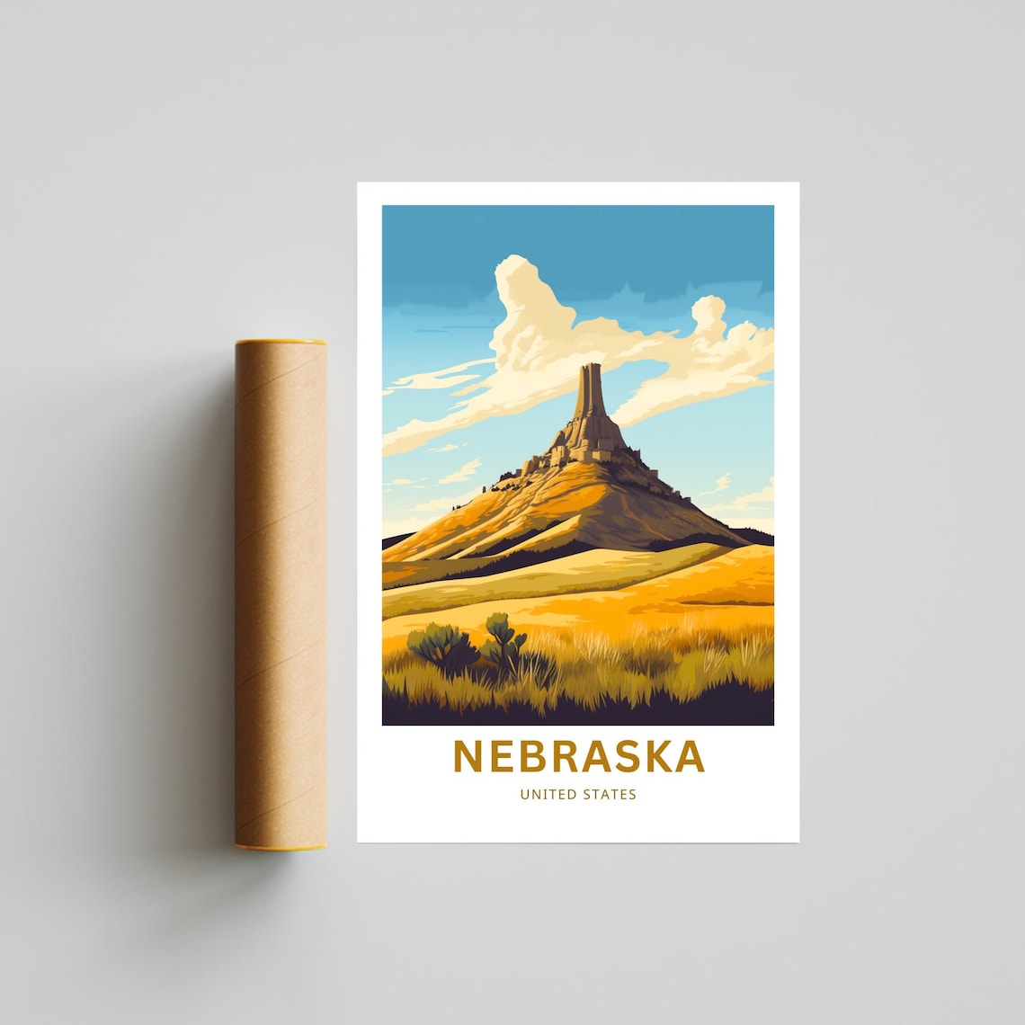 Nebraska United States Chimney Rock Print Golden Prairie Sunset Art - Image 4