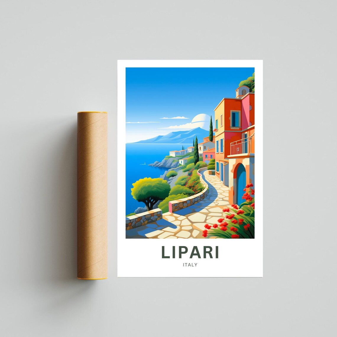 Lipari Italy Coastal Path Colorful Houses Illustrated Travel Poster - Image 4
