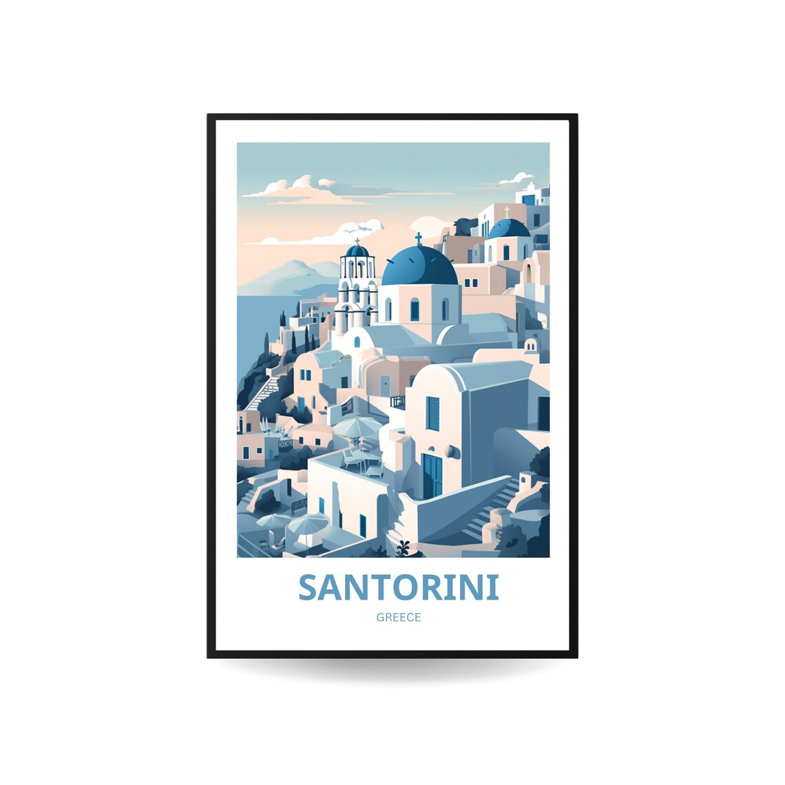 Santorini Greece Whitewashed Island Print Blue Domed Churches Aegean Sea
