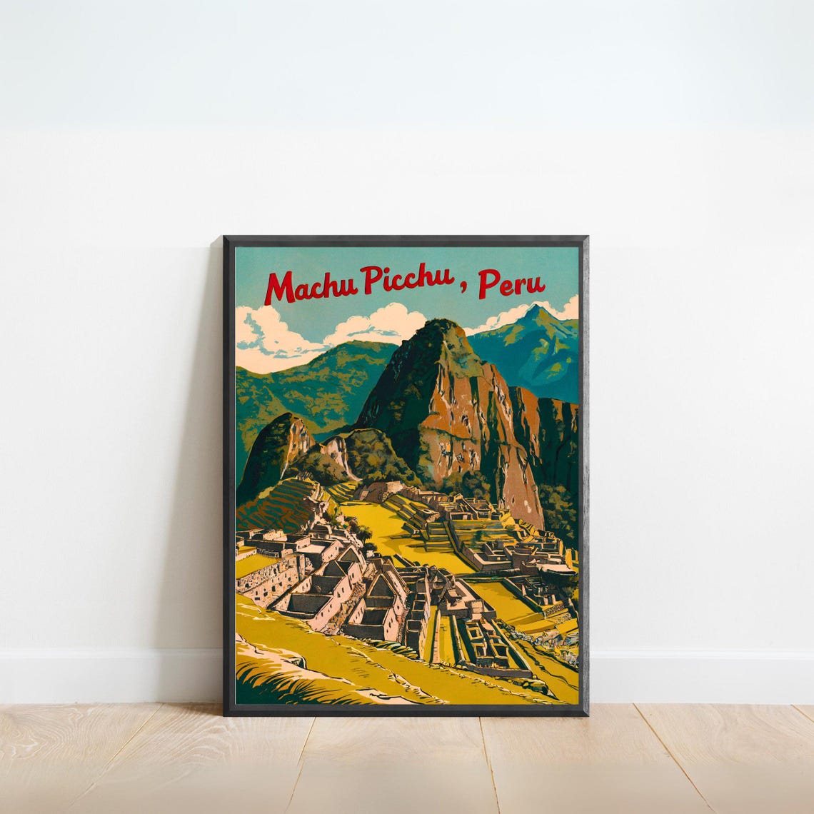 Machu Picchu Peru Ruins Valley Script Lettering Travel Poster