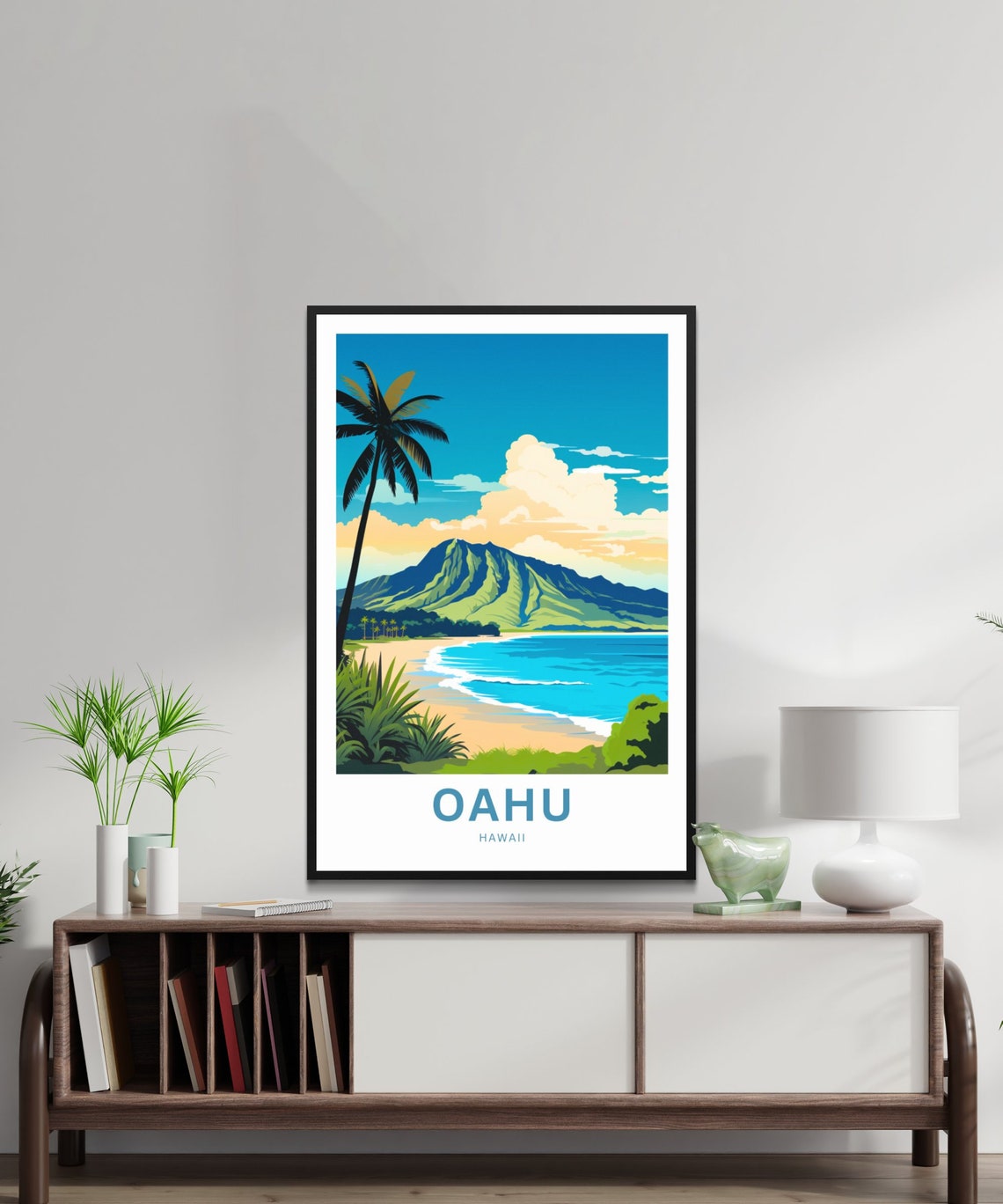 Personalized Oahu Hawaii Palm Silhouette Bay Beach View Poster - Image 2
