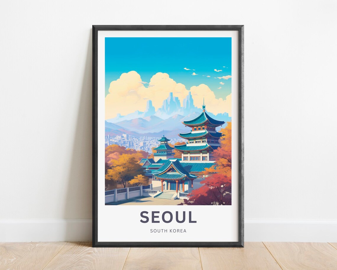 Seoul South Korea Temple Pagoda Autumn Vintage Retro Travel Poster