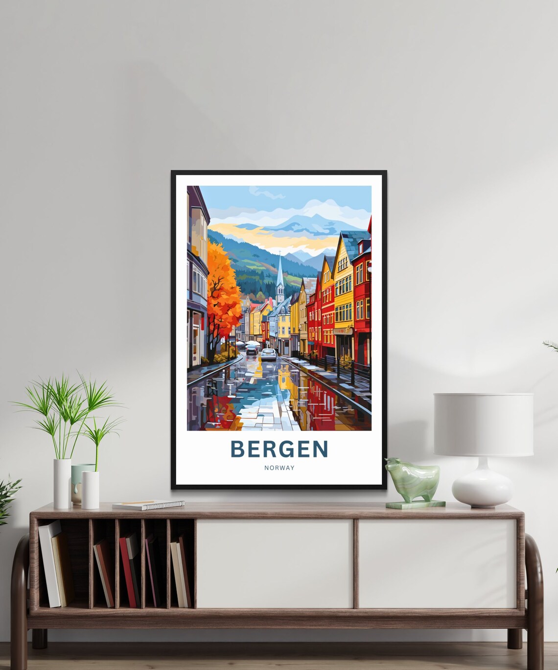 Bergen Norway Autumn Street Wet Cobblestone Mountains Travel Poster - Image 2