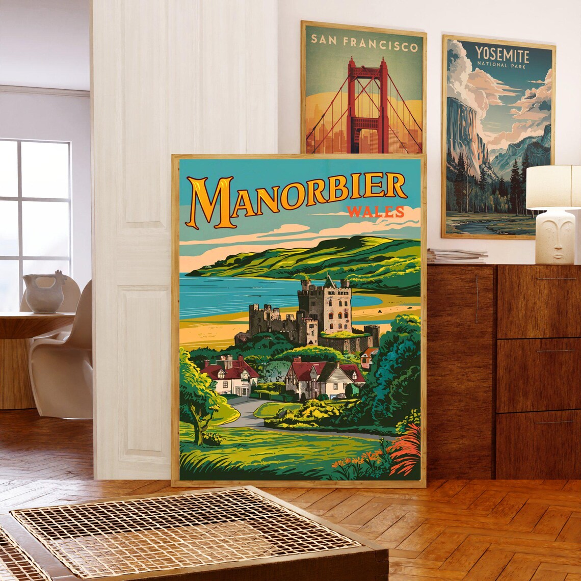 Manorbier Wales Vintage Castle Bay Village Retro Travel Poster - Image 5