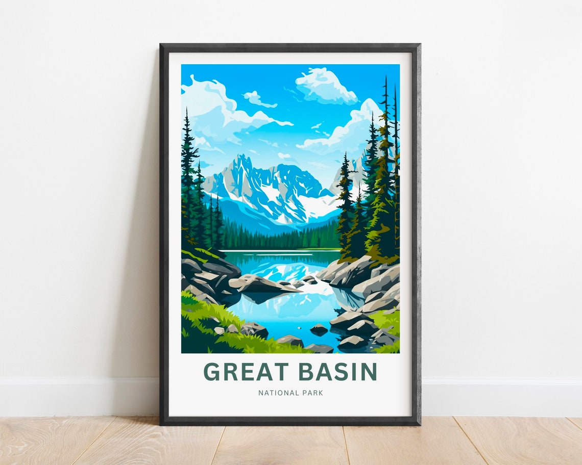 Great Basin Nevada Alpine Lake Mountain Peak Travel Poster Artwork