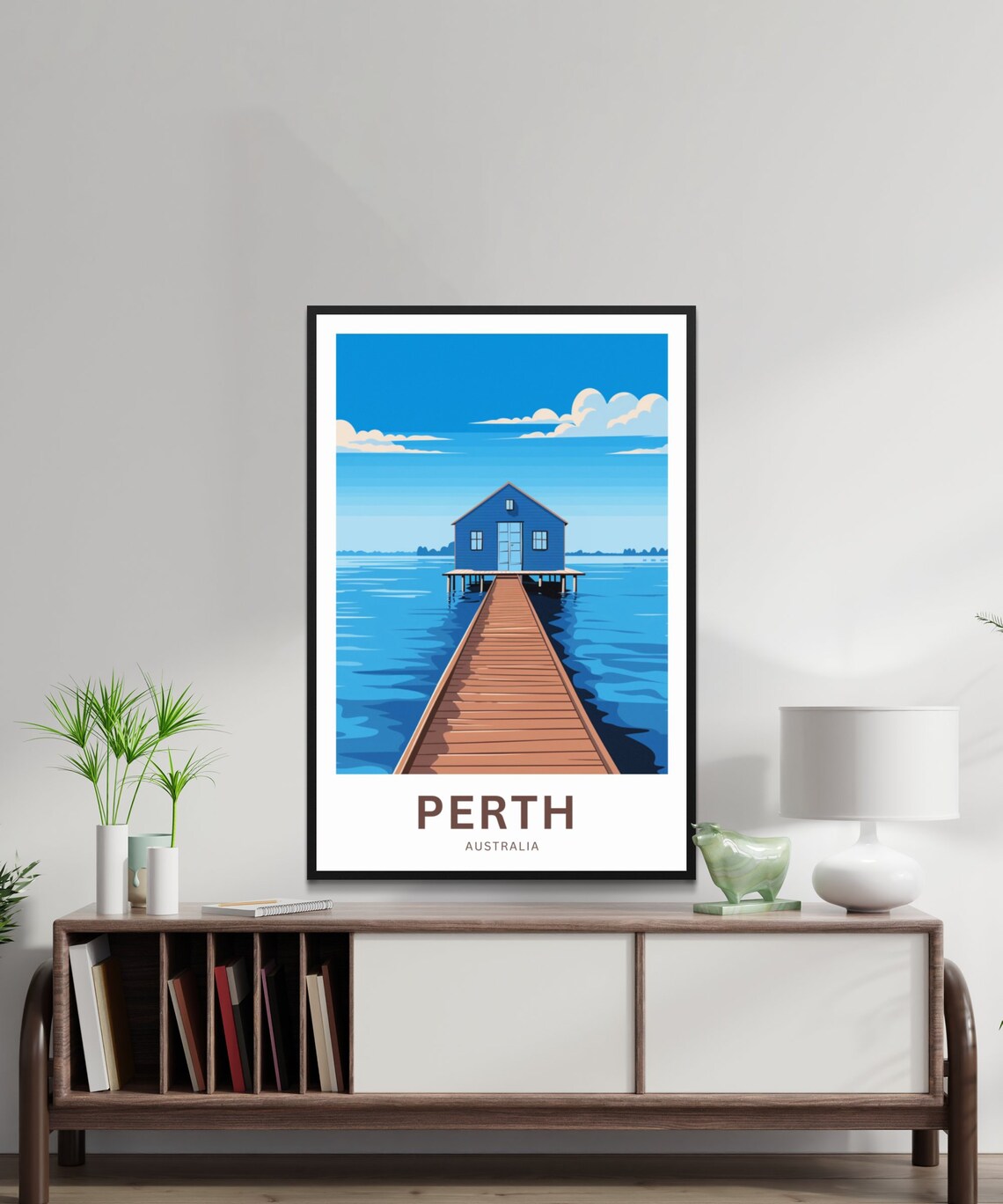 Perth Australia Blue Boathouse Jetty River Water Travel Poster - Image 2