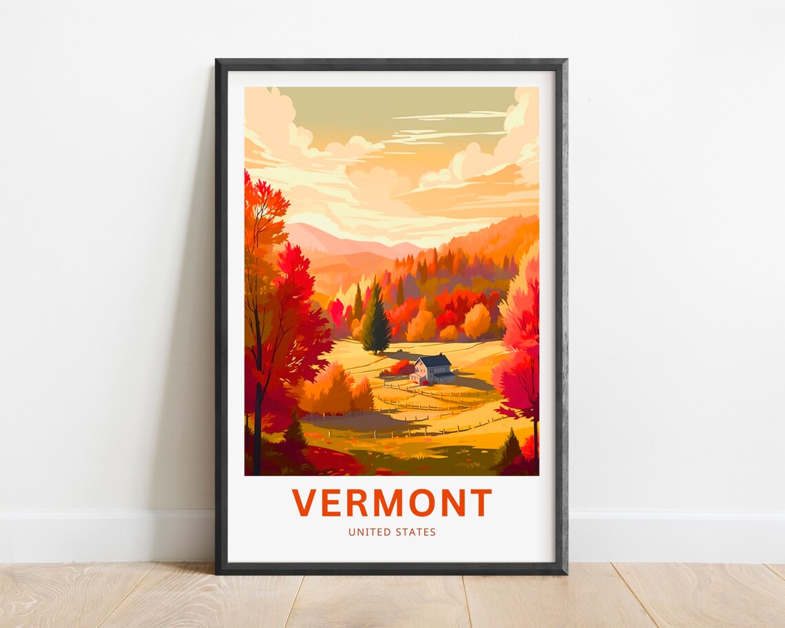 Vermont United States Fall Foliage Farmhouse Autumn Travel Poster