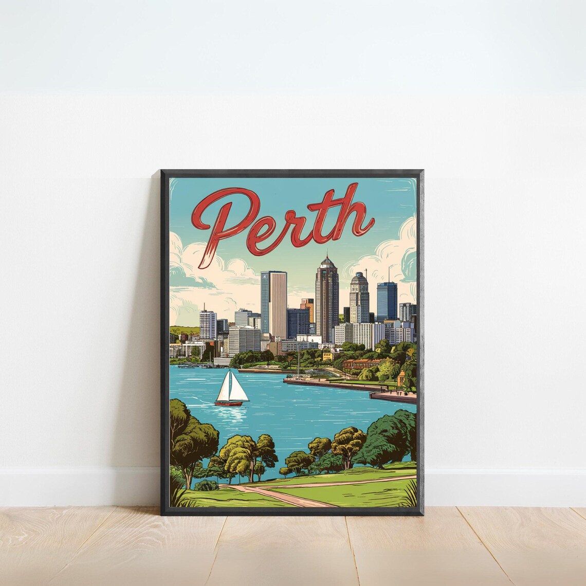 Perth Australia Vintage Skyline Sailboat Swan River Travel Poster