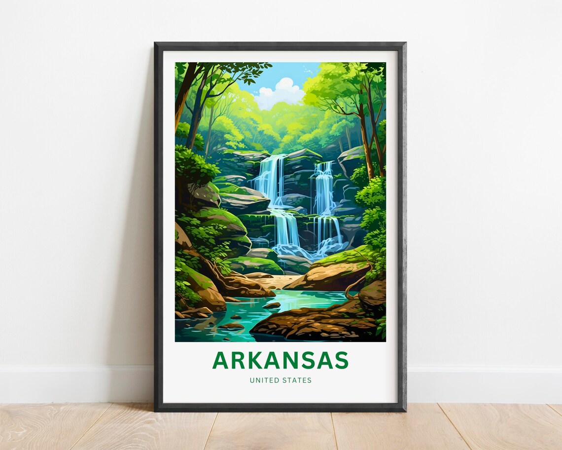 Arkansas Twin Cascades Lush Forest Stream Nature Travel Poster