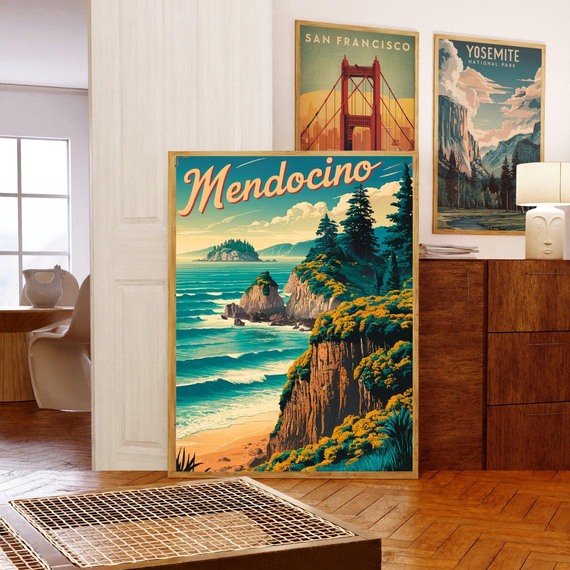 Mendocino Vintage Sea Cliffs Pine Forest Ocean View Travel Poster - Image 3