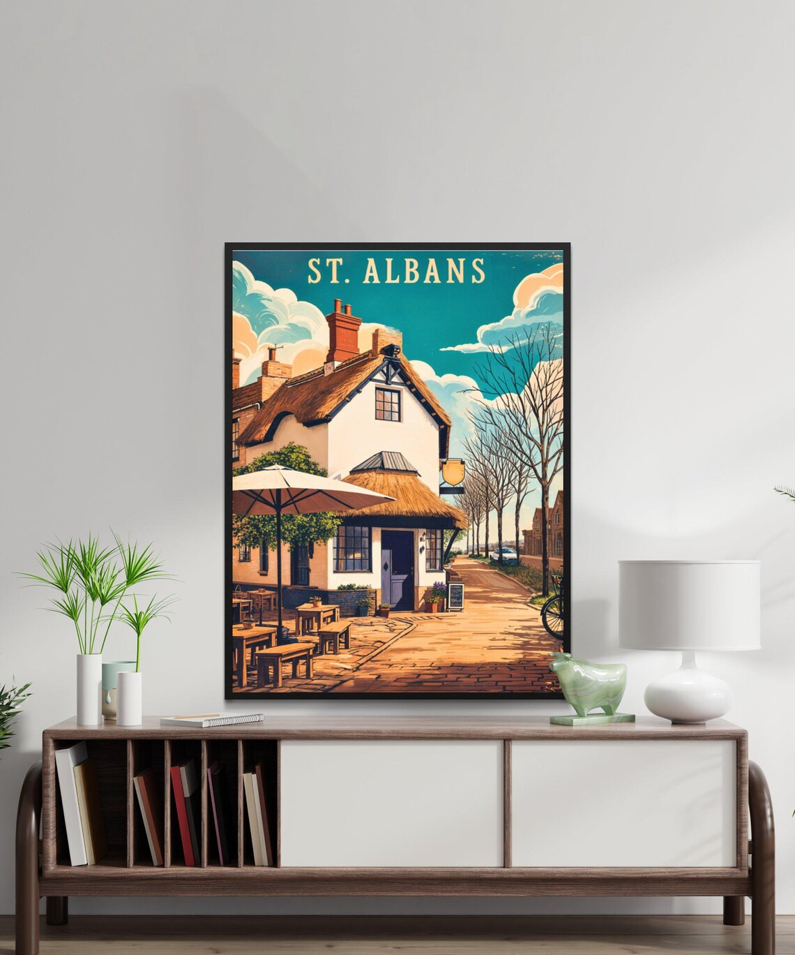 St Albans Thatched Roof Pub Cottage Vintage English Travel Poster - Image 3