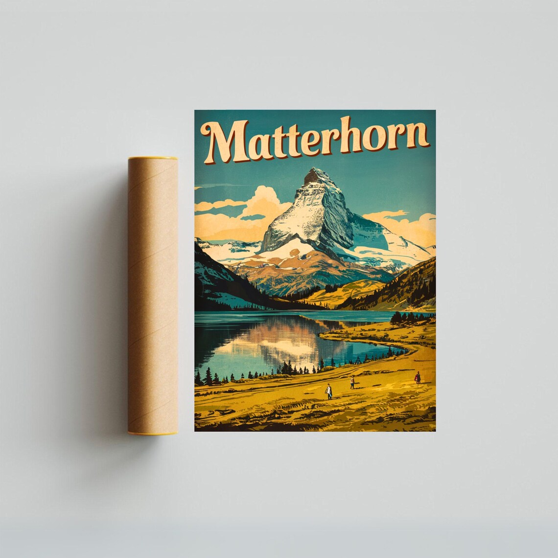 Matterhorn Golden Meadow Lake Reflection Alpine Hikers Vintage Poster - Image 3