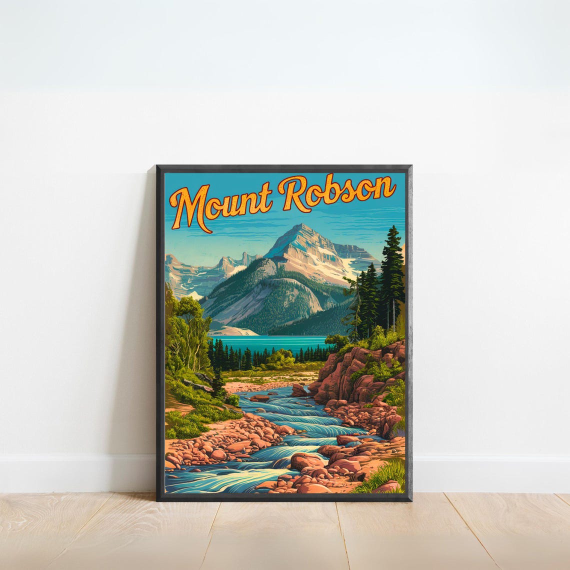Mount Robson Canada Alpine Peak Stream Retro Travel Poster Art