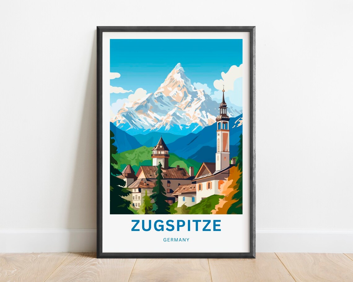 Zugspitze Germany Bavarian Village Towers Custom Art Travel Poster