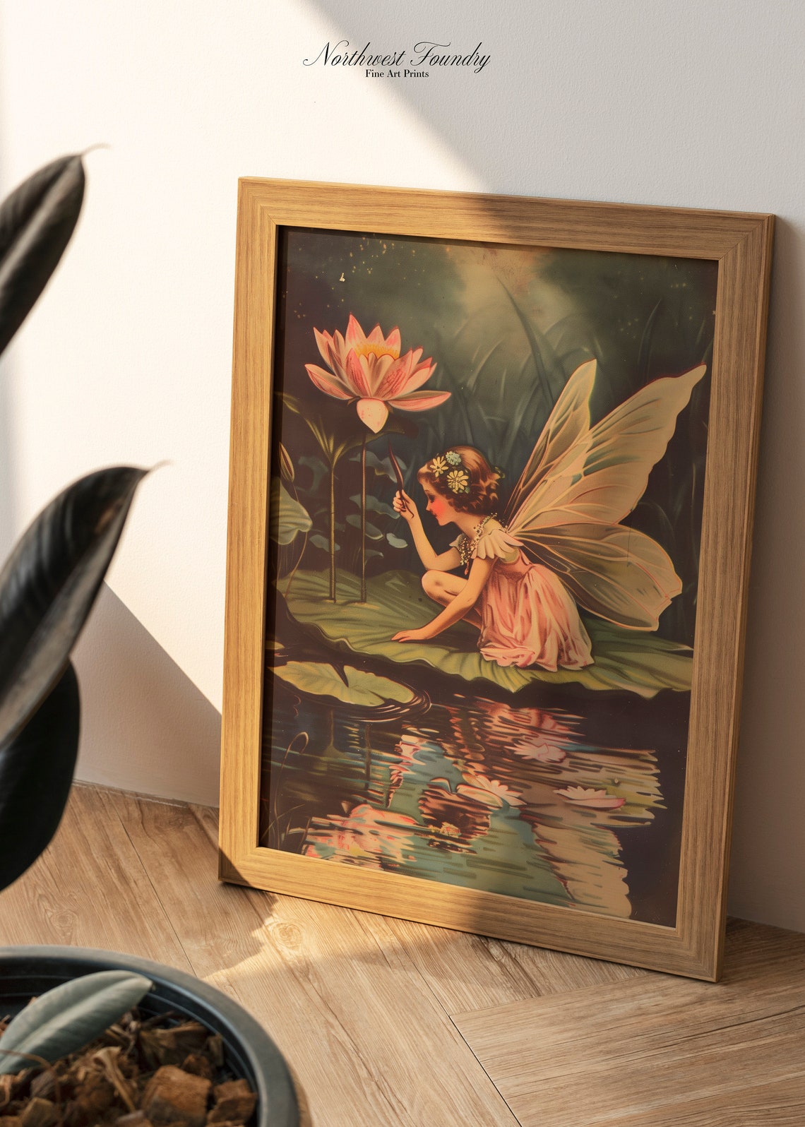 Fairy with Pink Lotus Flower Lily Pad Vintage Fairytale Poster - Image 2
