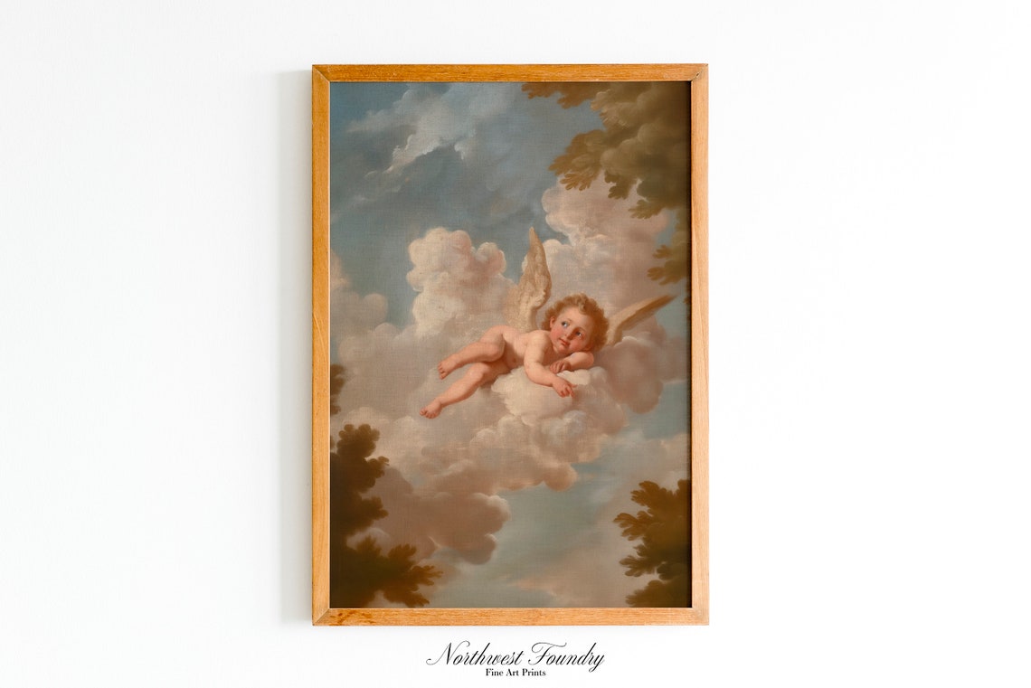Baby Angel Cherub Reclining on Clouds Rococo Antique Painting Poster