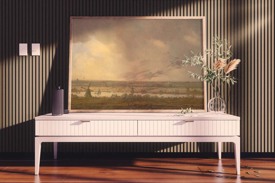 Dutch Polder Windmill Landscape Antique Earth Tone Oil Painting Poster - Image 2