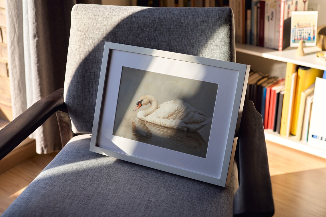 White Swan on Calm Water Neutral Beige Vintage Oil Painting Poster - Image 3
