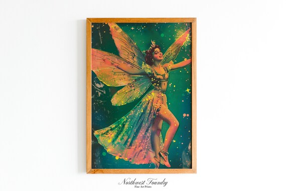Iridescent Dancing Fairy Teal Night Vintage Fairytale Postcard Poster