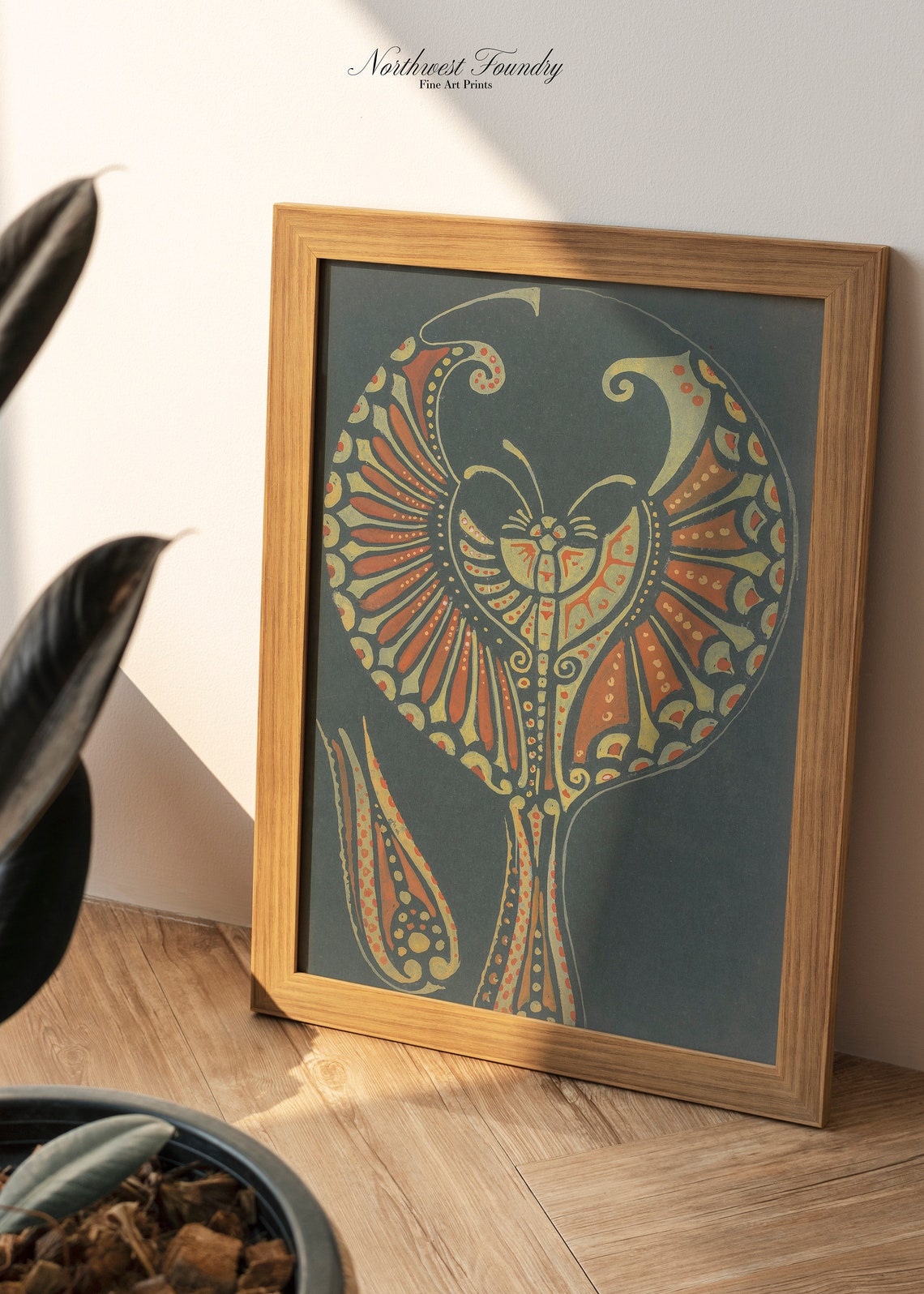 Art Deco Stylized Moth Butterfly Antique Woodblock Design Poster