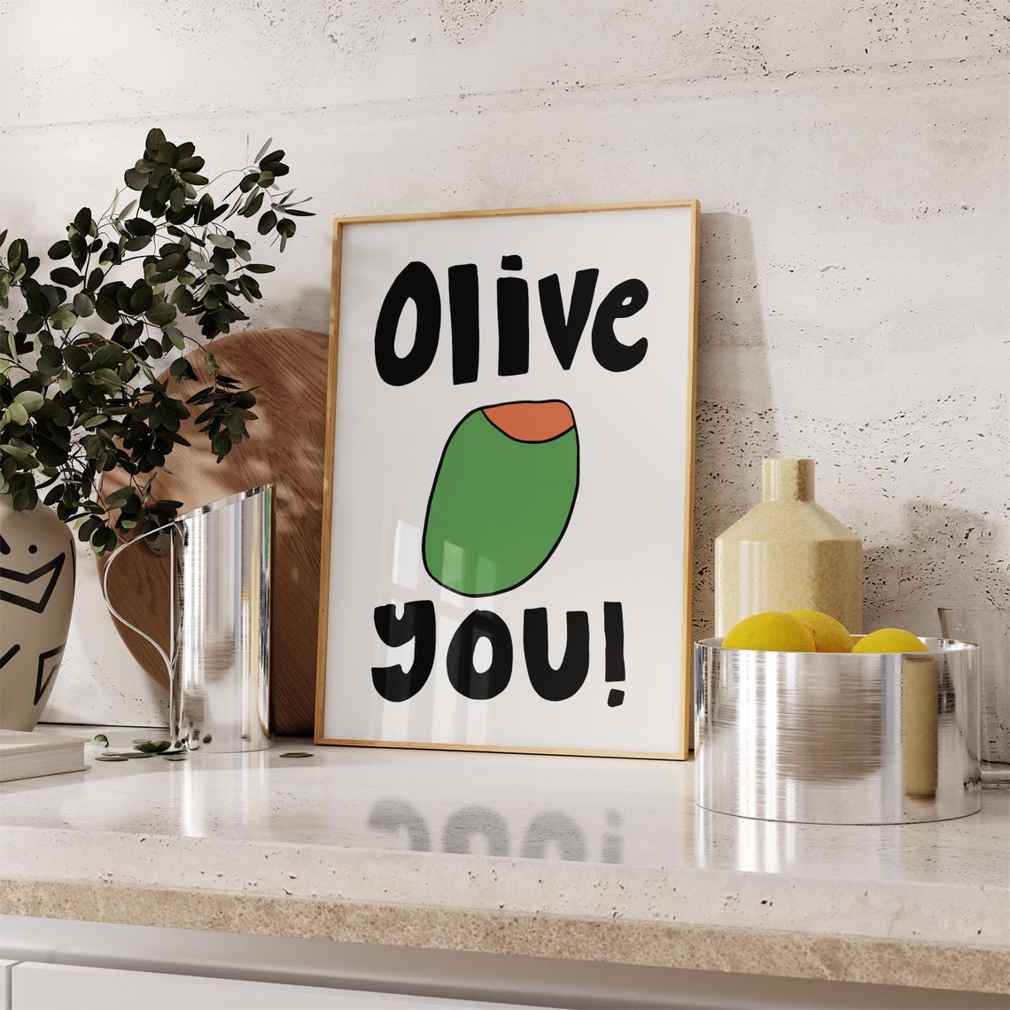 Olive You Playful Green Olive Illustration Kitchen Quote Poster - Image 2