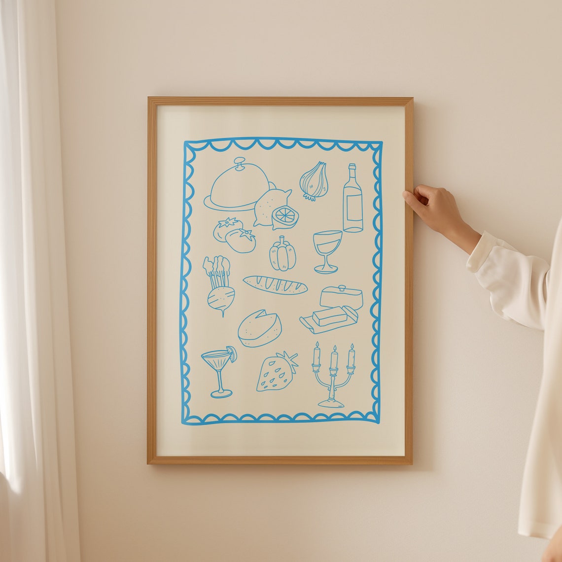 Blue Line Art Dinner Party Icons Scalloped Border Kitchen Poster - Image 2