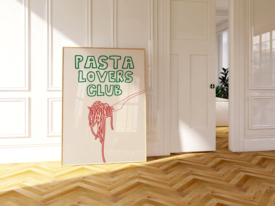 Pasta Lovers Club Green Spaghetti Fork Red Line Art Food Poster - Image 2