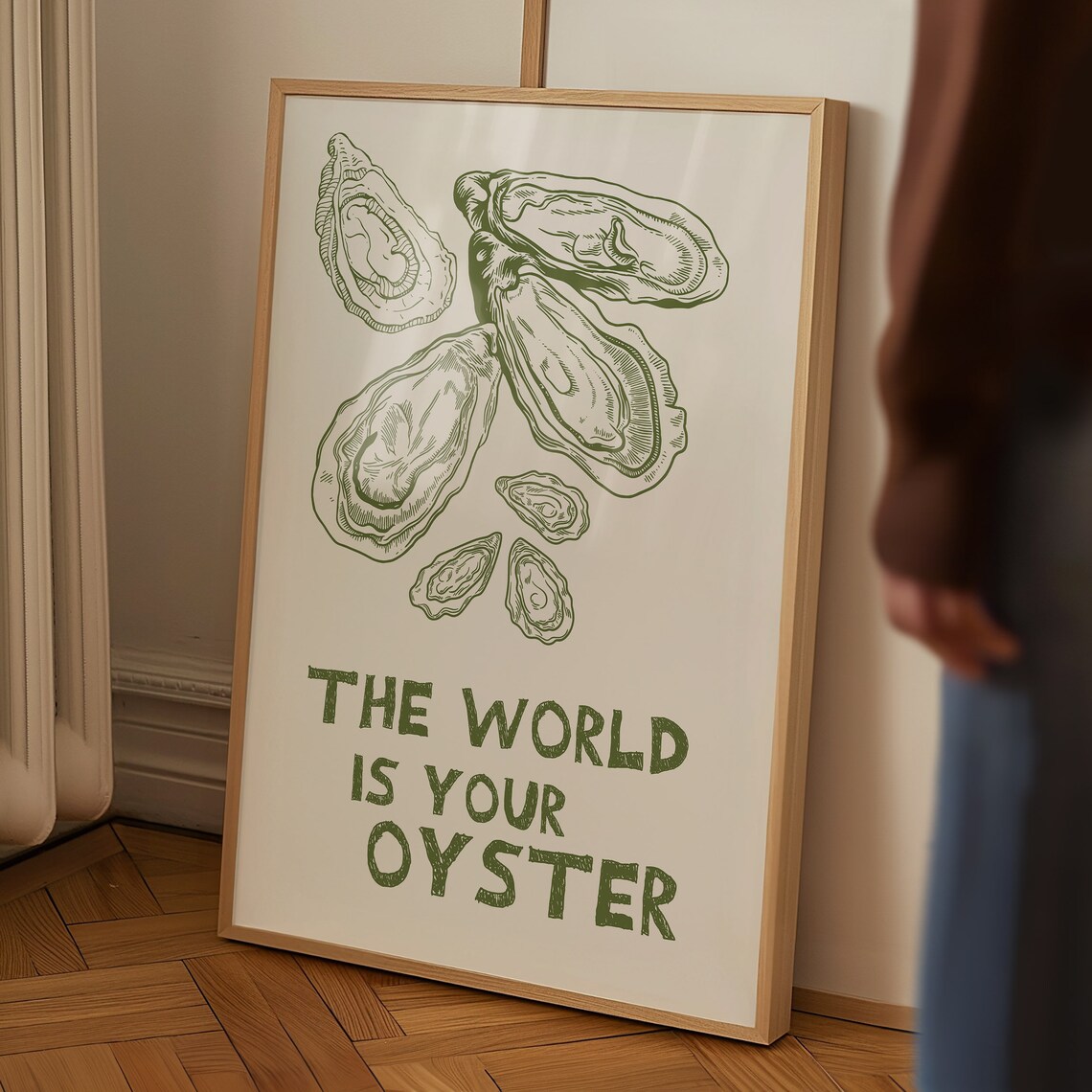 The World Is Your Oyster Olive Green Shell Drawing Quote Poster - Image 5
