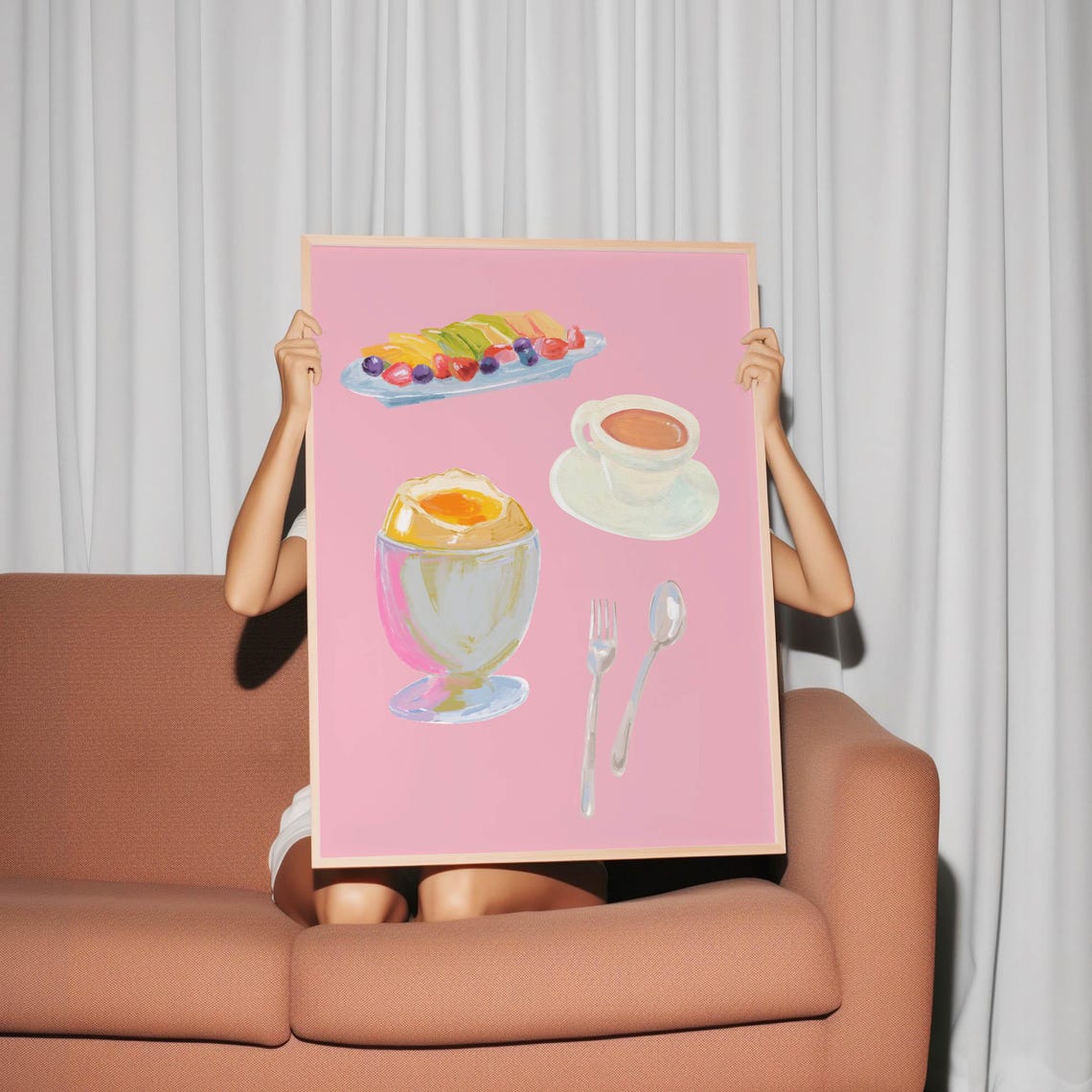 Breakfast Art Print Pastel Kitchen Decor Cute Food Illustration Fruit Coffee Egg Print Trendy Pink Wall Art - Image 3