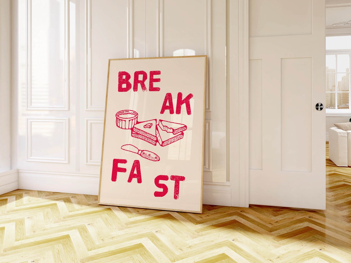 Red Break Fast Lettering Buttered Toast Vintage Breakfast Poster - Image 2