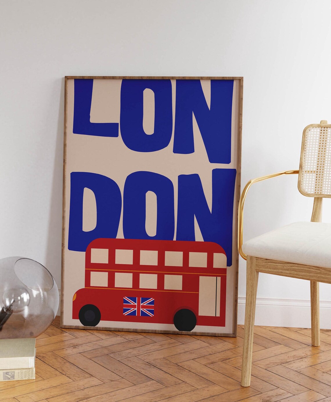 London Bold Blue Lettering Red Double Decker Bus Vintage Travel Poster