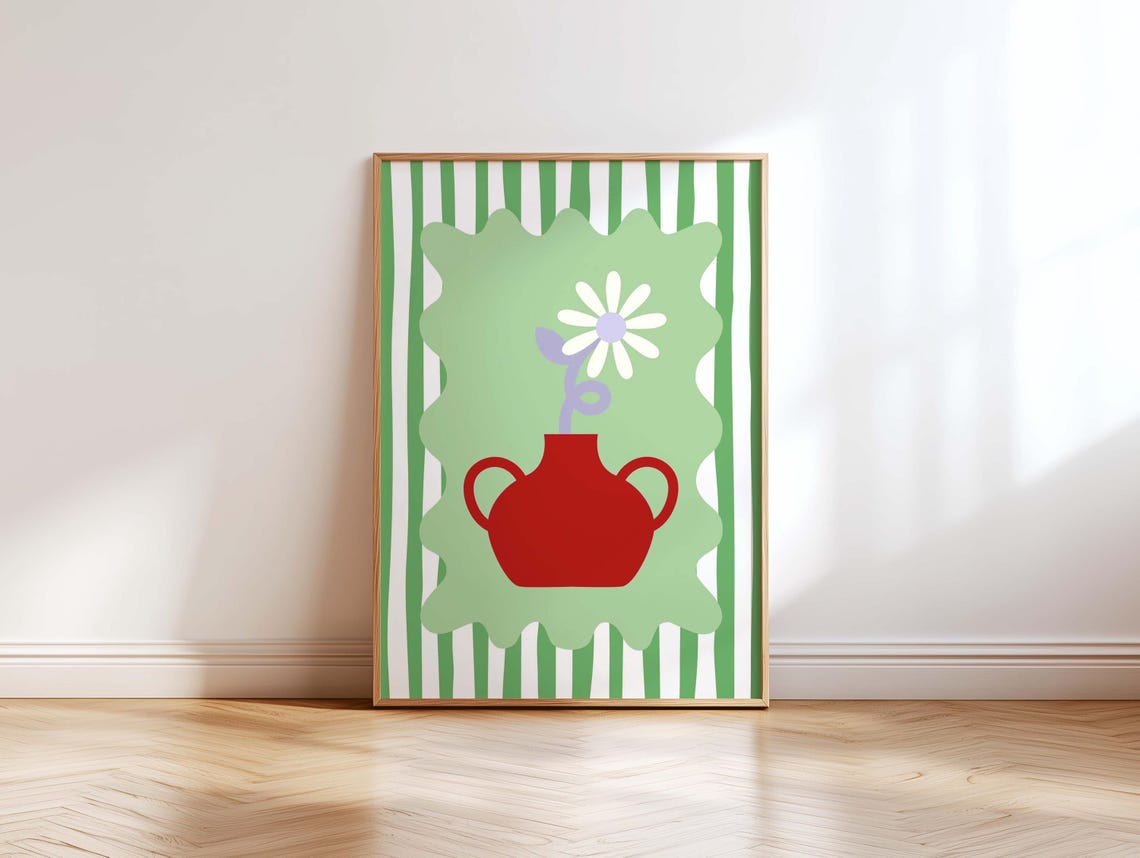 Bold Red Vase Daisy on Green Stripes Maximalist Botanical Poster