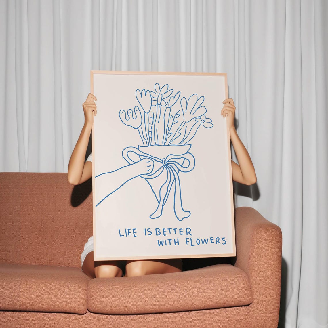 Life Is Better With Flowers Print Trendy Flower Poster Cute Quote Print Aesthetic Living Room Art Vintage Floral Wall Art Art Blue - Image 3