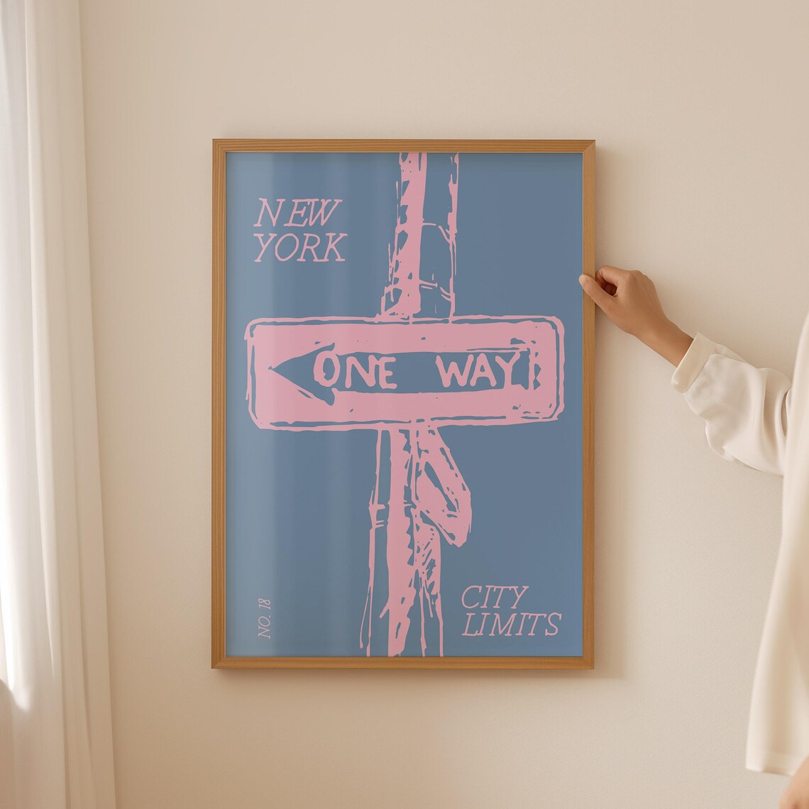 New York One Way Street Sign Pink Blue City Limits Retro Urban Art Poster