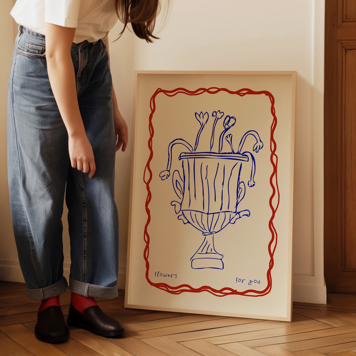 Flowers For You Blue Urn Drawing Red Wavy Border Modern Floral Poster - Image 5